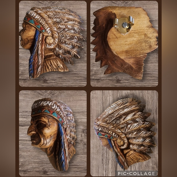 Vintage Native American Indian Head Wooden Bolo Tie